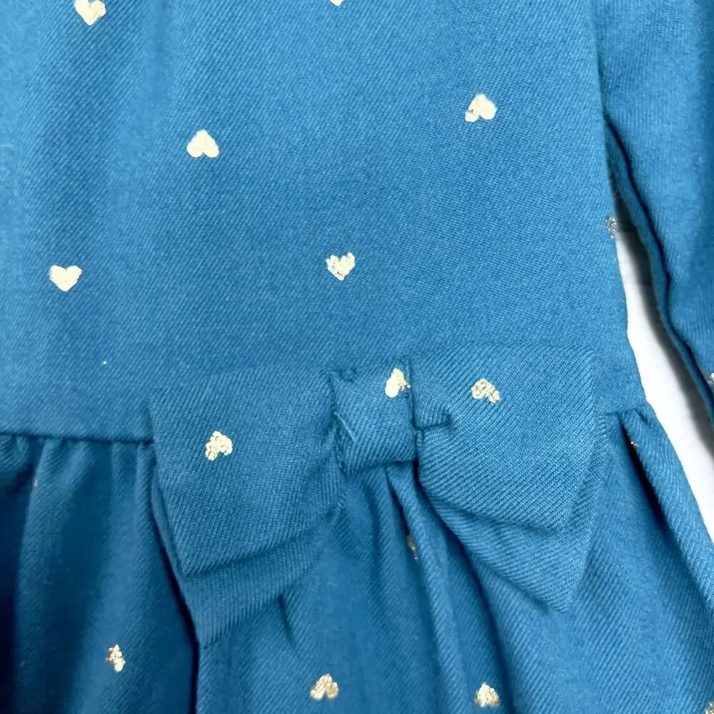 Carters Gold Foil Heart Dress Blue Fit & Flare Bow Toddler Girl 18M 18 Months